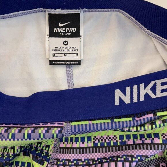 Nike Pro Warm Leggings Womens Size Medium Purple Green Stripe Lined Base Layer - Picture 3 of 9